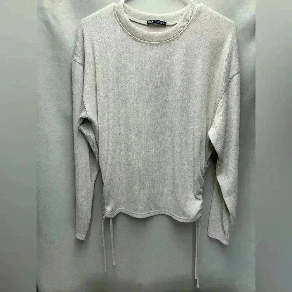 Zara Tan long sleeve side drawstring ruching Shirt Size Medium - Picture 2 of 4